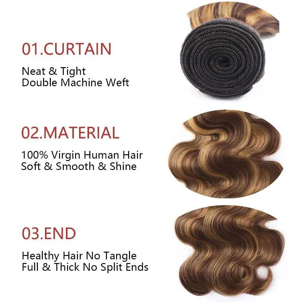 Bundles With Frontal Body Wave Honey Blonde Highlight 3 Bundle with 13x4 Lace Frontal Clo P4-27 Natural Brazilian Human HairXJ250120