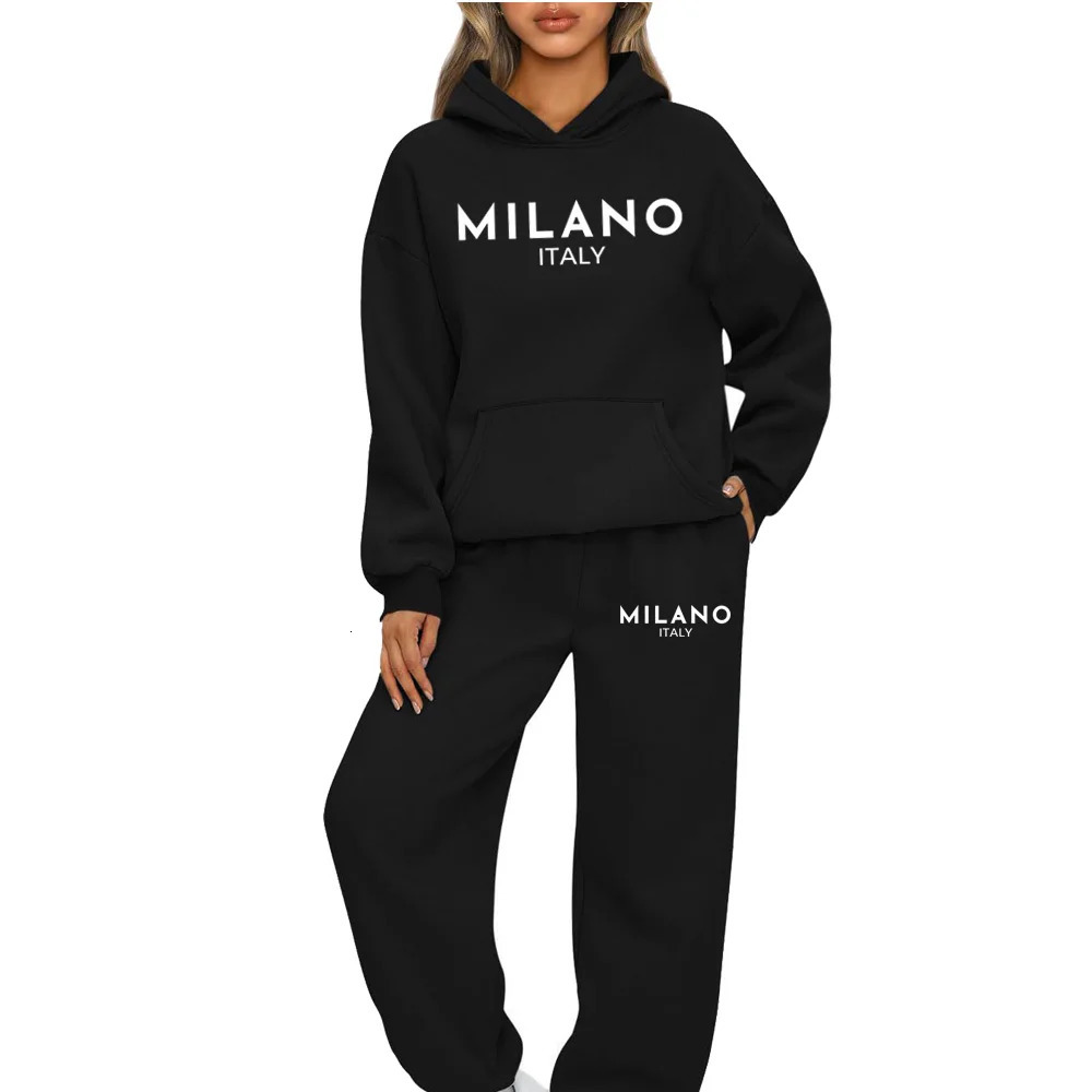 2 Piece Set Women Outfit MILANO Letter Print High Neck Hoodies Sweatshirt Pants Tracksuit Plus Size Streetwear Casual Suit 250122