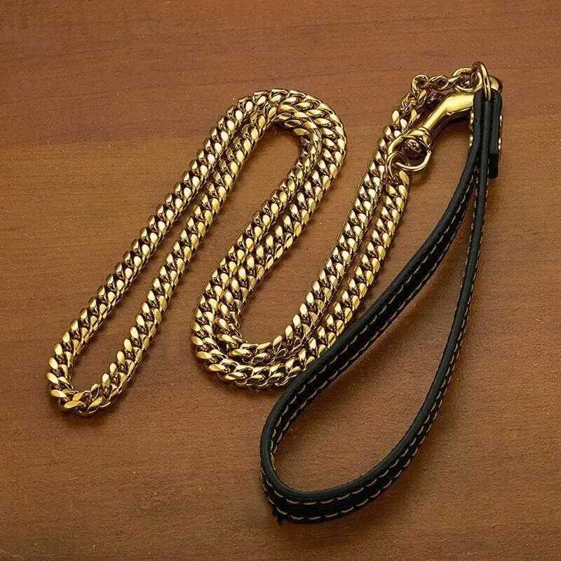 Luxury 18K Gold Dog Chain Leash with Genuine Leather Handle Strong Stainless Steel Miami Cuban Link Pet Leash for Large Dogs X250129