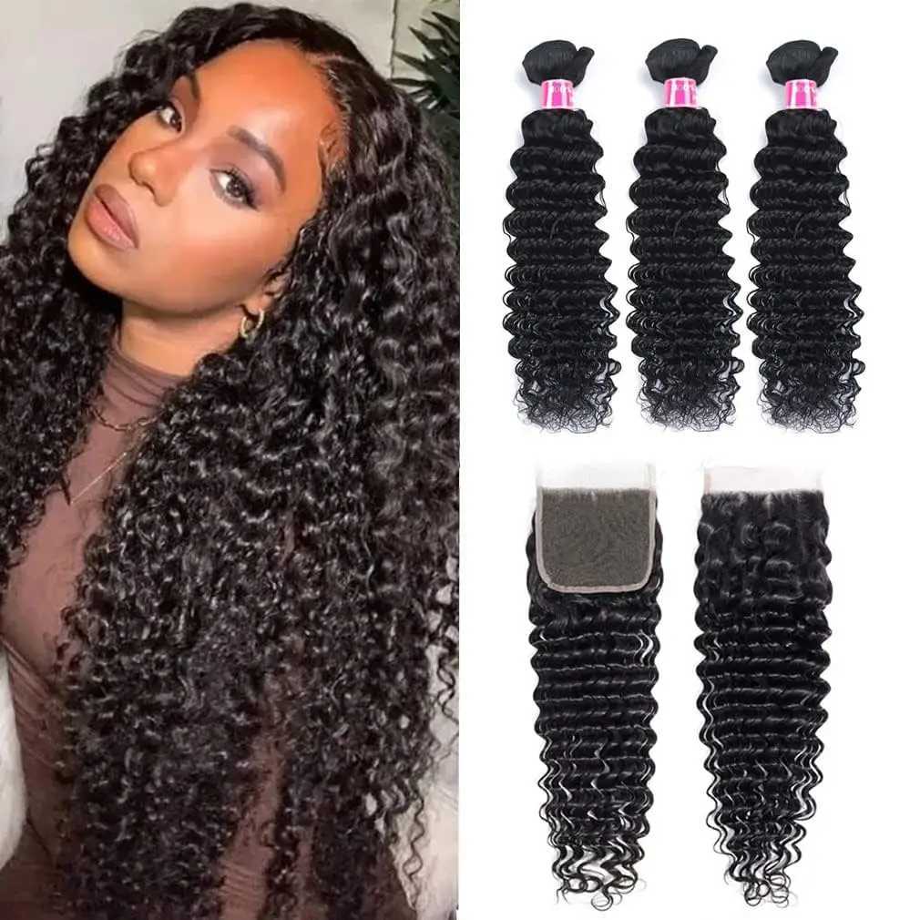 Deep Wave Bundles with Clo 4x4 Lace Clo Brazilian Remy Wet and Wavy Bundles With Clo Natural Color for Black WomenXJ250120