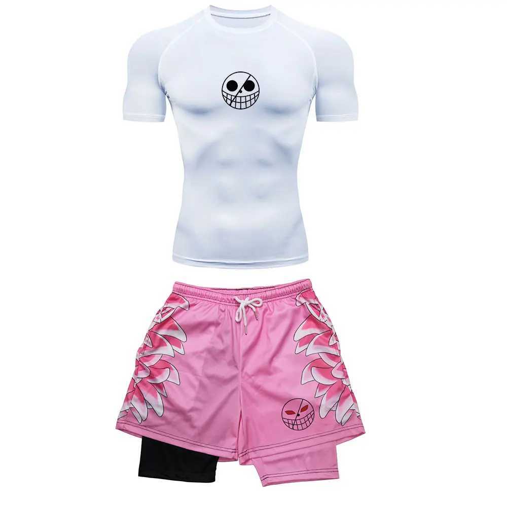 Mens Running Tracksuit Anime Print Training Fitness Sportswear Set Compression Leggings Sport Gym Performance Shorts Rash Guard X250129