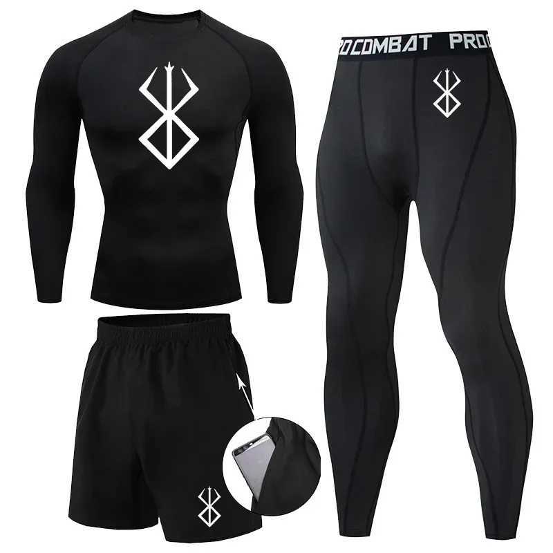 Anime Berserk Print Athletic Compression Sets for Men Gym Workout 3 Pieces Fitness Suits Rash Guard Undershirt Tops Pants Shorts X250129