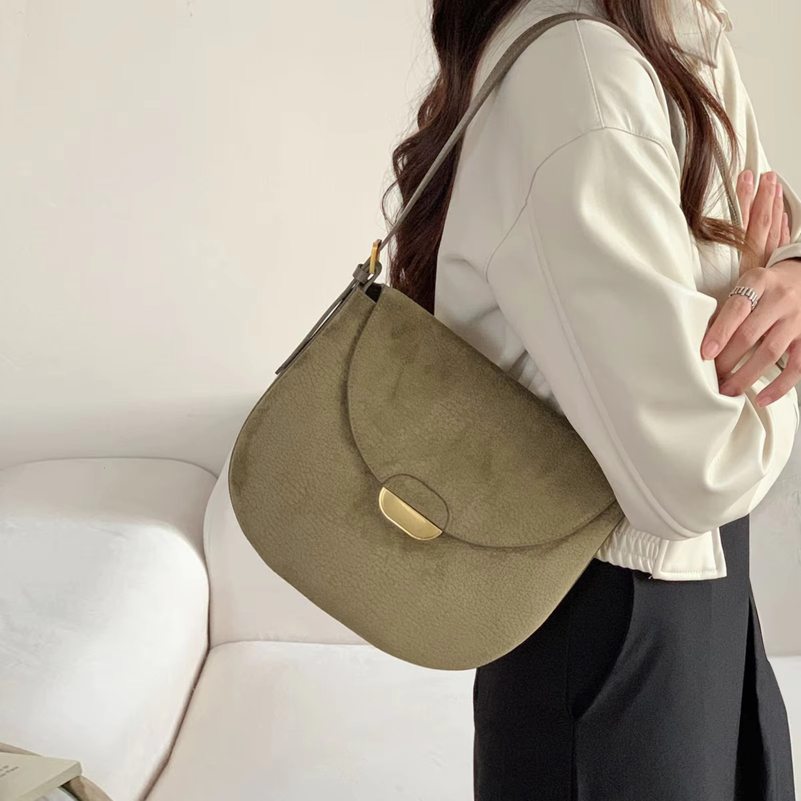 2025Autumn Elegant Stylish Saddle Flap Green Suede Cow Leather Women Crossbody Shoulder Bag Special Pouch