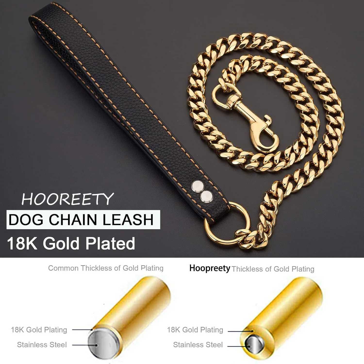 Luxury 18K Gold Dog Chain Leash with Genuine Leather Handle Strong Stainless Steel Miami Cuban Link Pet Leash for Large Dogs X250129