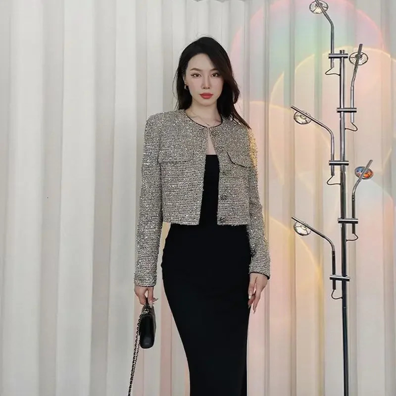 Chic Women Bright Thread Woven Tweed Blazers Coat Autumn Short Weaved OL Cardigan High Waist Single-breasted Tops Jacket Abrigos 250122