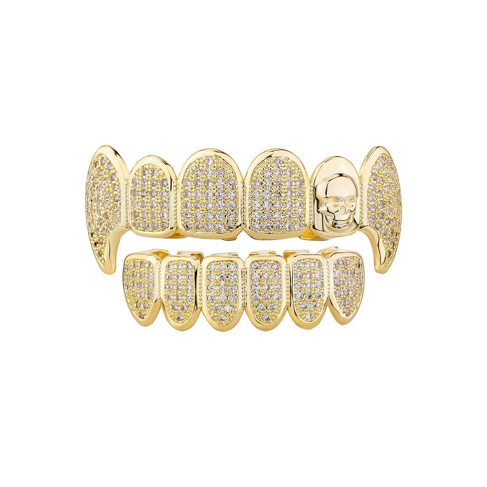 RACHELZ Hip Hop Skull Pattern Fangs Teeth Grillz Gold Plated Shiny Zircon Tooth Cap Decor Dental Grills For Men Women JewelryXJ250114