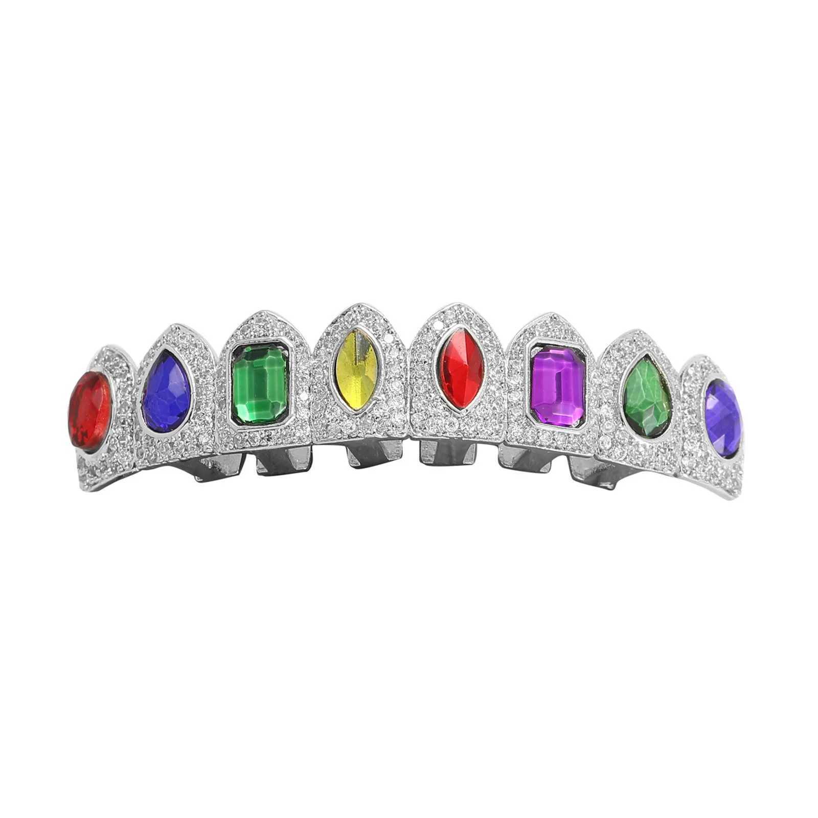 Full CZ Multi-color Stones Teeth Grillz Caps Cubic Zircon Iced Out Micro Pave Top Bottom Charm Grills Set For Men Women JewelryXJ250114