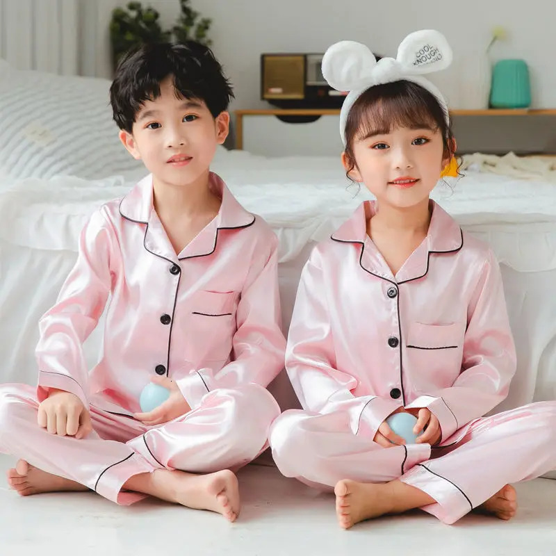 1Set Spring Childrens Clothing Sets faux Silk Boy Sleepwear LongSleeved Pants Clothes Kids Pajamas Set Baby Girls Pyjamas 250121