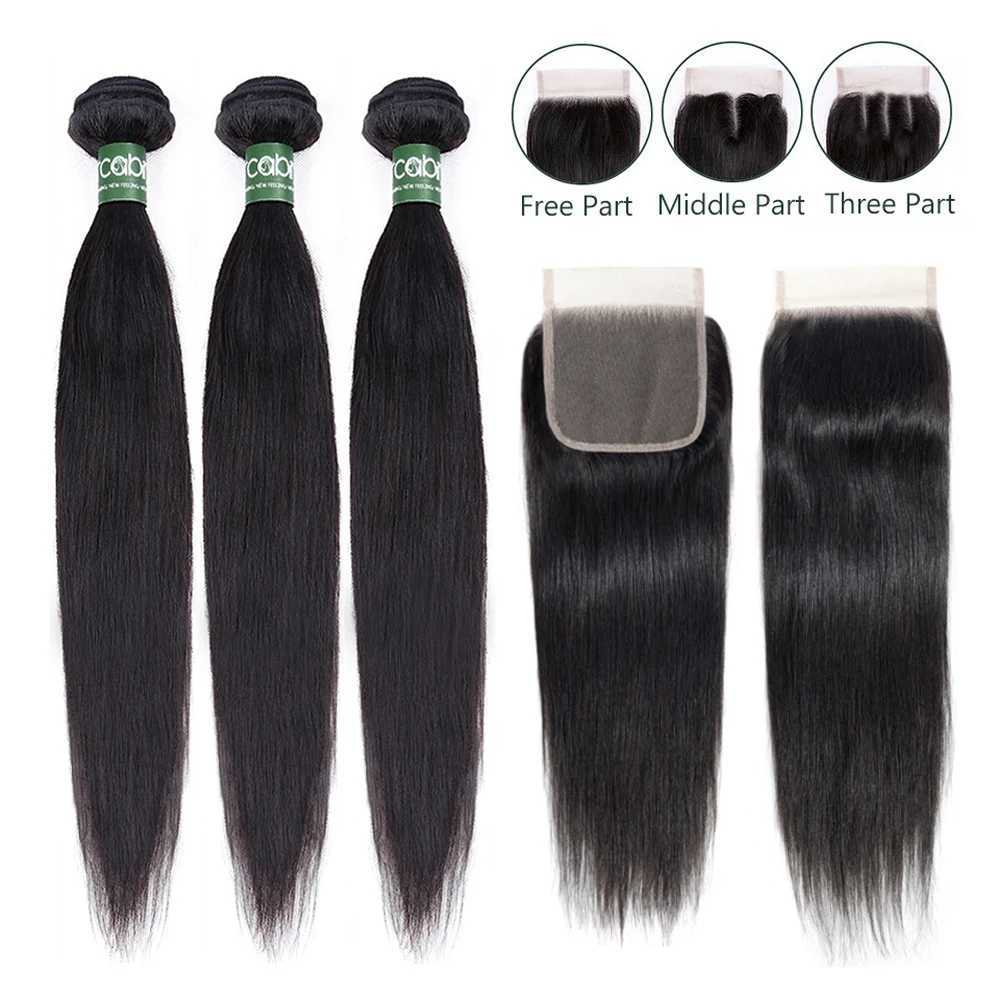 Aricabin Brazilian Straight Bundles With Clo Remy Hair Weave Extension Bone Straight 3/4 Human Hair Bundles With Clo 4x4XJ250120