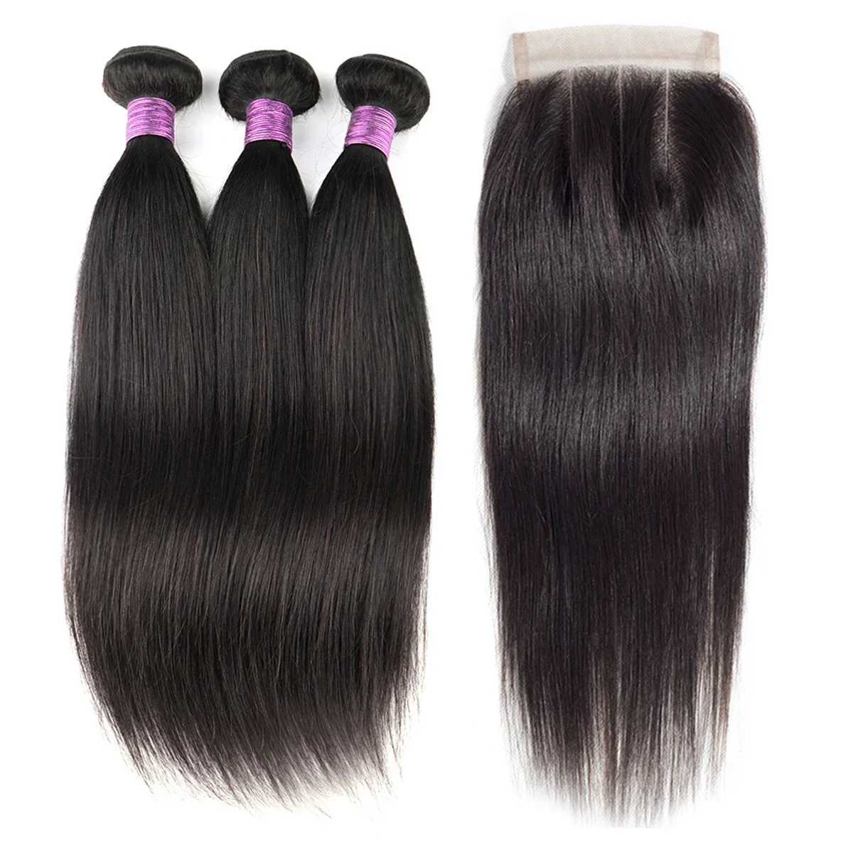 Brazilian Virgin Natural Hair Straight Bundles Weaves 4x4 Lace Clo Straight Human Hair 3 Bundles with Clo Fast DeliveryXJ250120