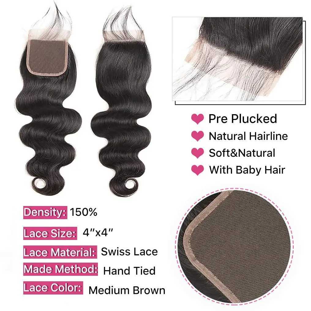 Human Hair Bundles with Clo Body Wave Brazilian Virgin Human Hair Weave 3 Bundles with 4x4 Lace Clo Natural Black ColorXJ250120