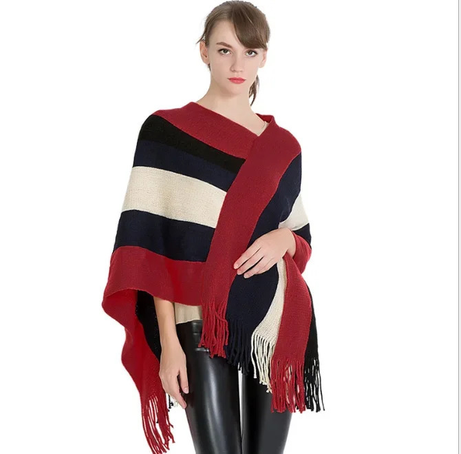 Autumn Winter Knitted Pullover Cloak Shawl Womens Fashion Stripe European American Womens Scarf Girl Outdoor Pink 250121