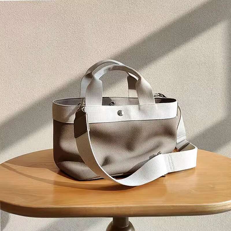 2024 Popular Women's Real Leather Tote With Canvas Trim Apricot Ladies Handbags Purse Large Capacity Leisure Crossbody Bag