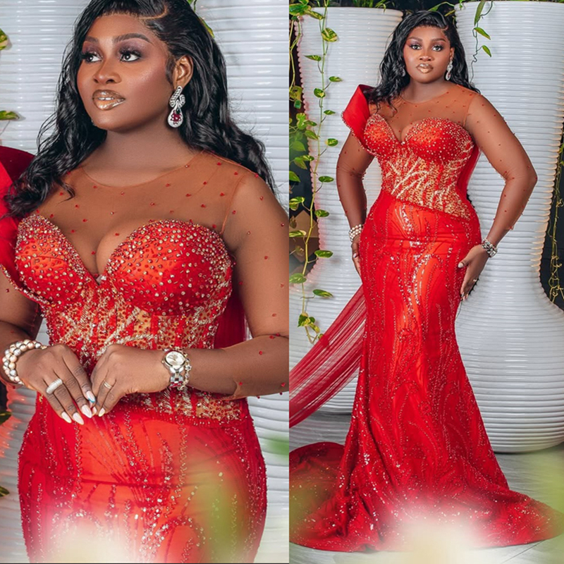 2025 Plus Size Red Aso Ebi Prom Dresses Mermaid Evening Gowns For Black Women Sheer Neck Long Sleeves Beaded Lace Birthday Party Dress Second Receptio
