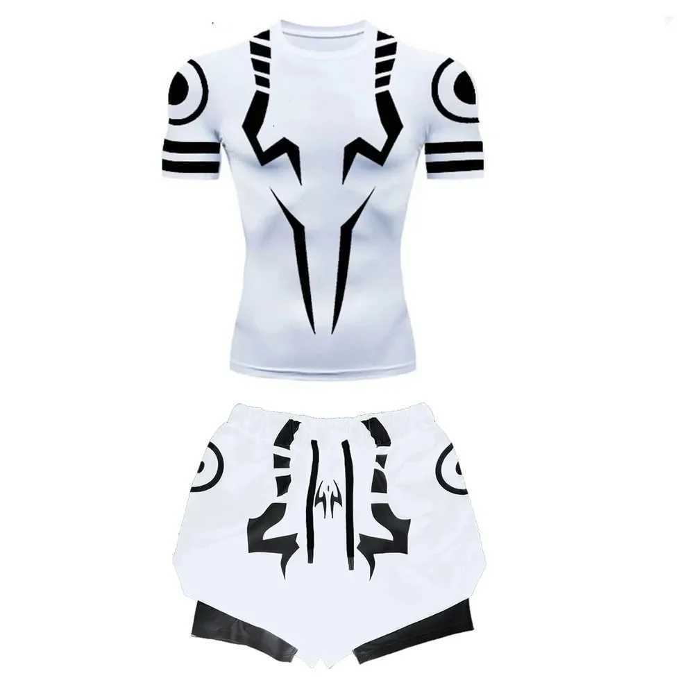 Mens Compression Set Anime Jujutsu Kaisen Printed Summer Gym Compression Shirts+Workout Shorts Breathable Quick Dry Sports Set X250129