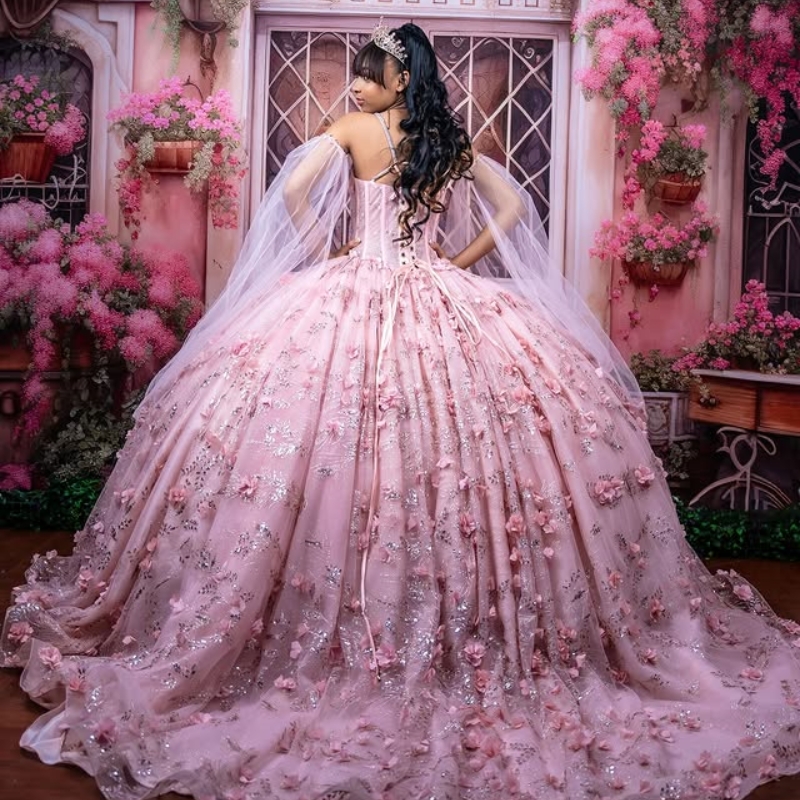 Pink Quinceanera Dresses Ball Gown Off Shoulder Sequin Appliques Lace Flower Beading Crystal Tull Birthday Party Sweet 16 Dress Vestidos 15 Anos
