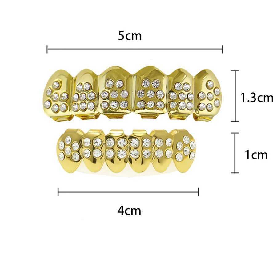 Gold Plated Iced Out CZ Teeth Grillz For Unisex Bling Full Zircon Pave Top Bottom Grills Set Punk Hip Hop Dental JewelryXJ250114