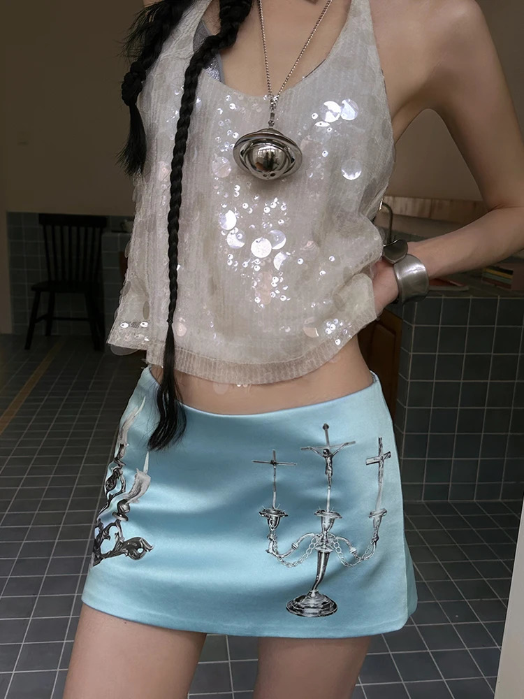 Women French Vintage Mini A-line Print Skirt Old Money Gyaru Coquette 2000s Aesthetic Chic Coquette Gyaru Sexy Micro Skirt 250118