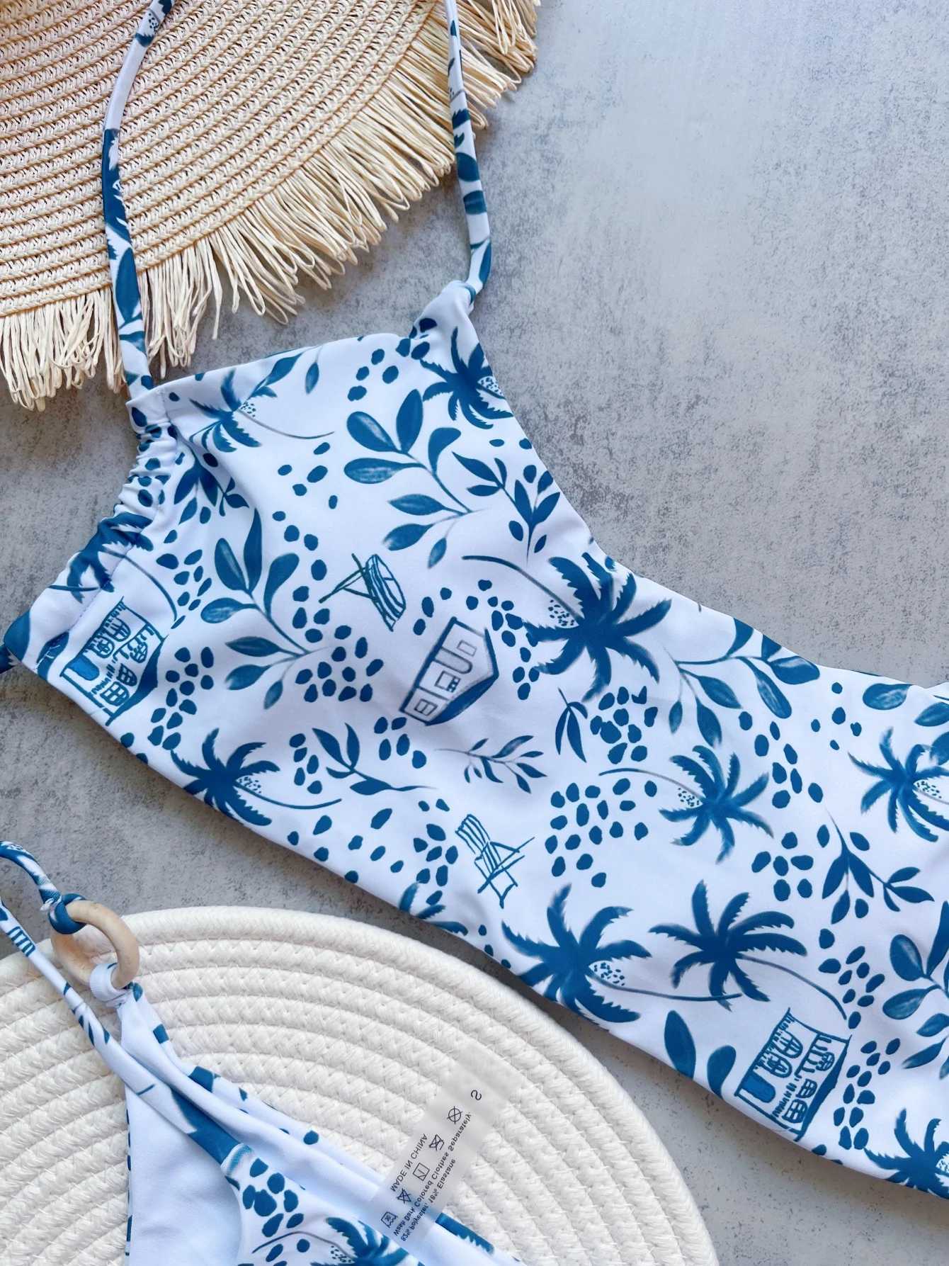 RUOTONGSEPT Women Swimsuit Knitted Bikini Set Sexy Blue White Print Split Swimsuit Bikini Brazilian Triangle SwimwearXJ250120