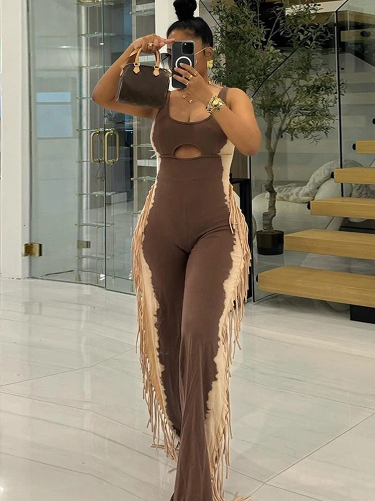 Womens High Street Strapless Jumpsuit with Tassel Summer Ladies Stretchy Jumpsuit Sleeveless Tank Collar Sexy Long Jumpsuits 250109