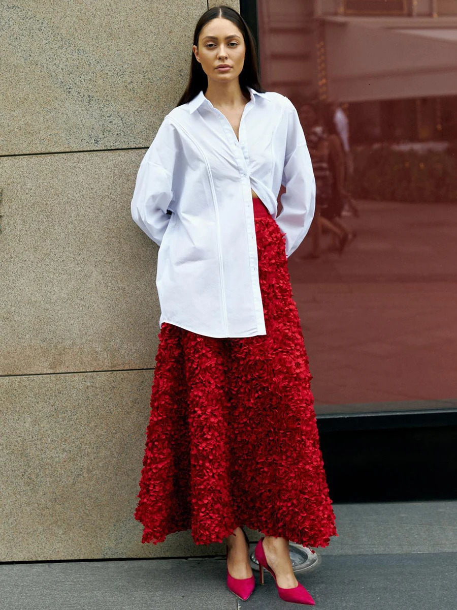 Autumn Flower Petal Long Skirt High Waist Elegant Evening Party Red Maxi Skirt Streetwear Fashion Vintage Faldas Bottom 250118