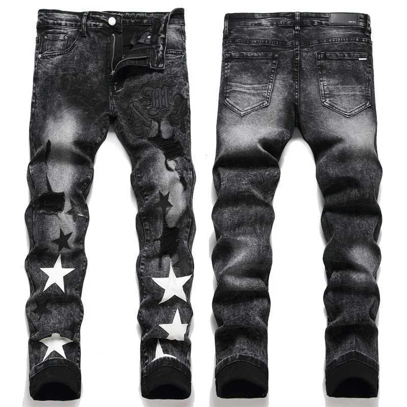 Slim Fit Elastic Black Cotton Embroidered Leather Label With Hole Star Fashion Mens Jeans X250129