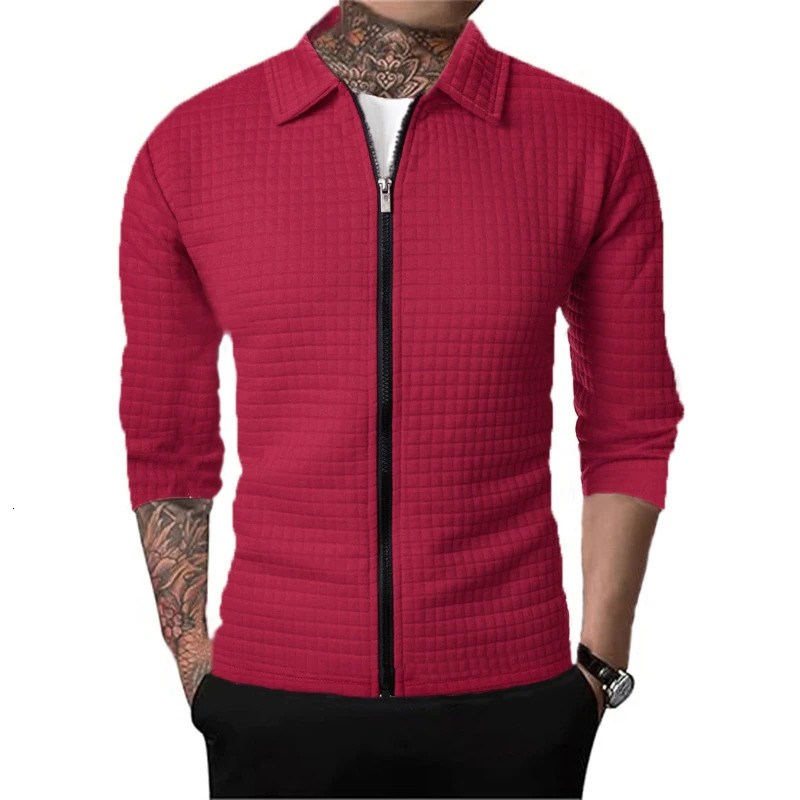 Checkered Fabric Mens Jackets Autumn Casual Zipper Cardigan Long Sleeved Lapel Waffle Vintage Allmatch Coats 250122
