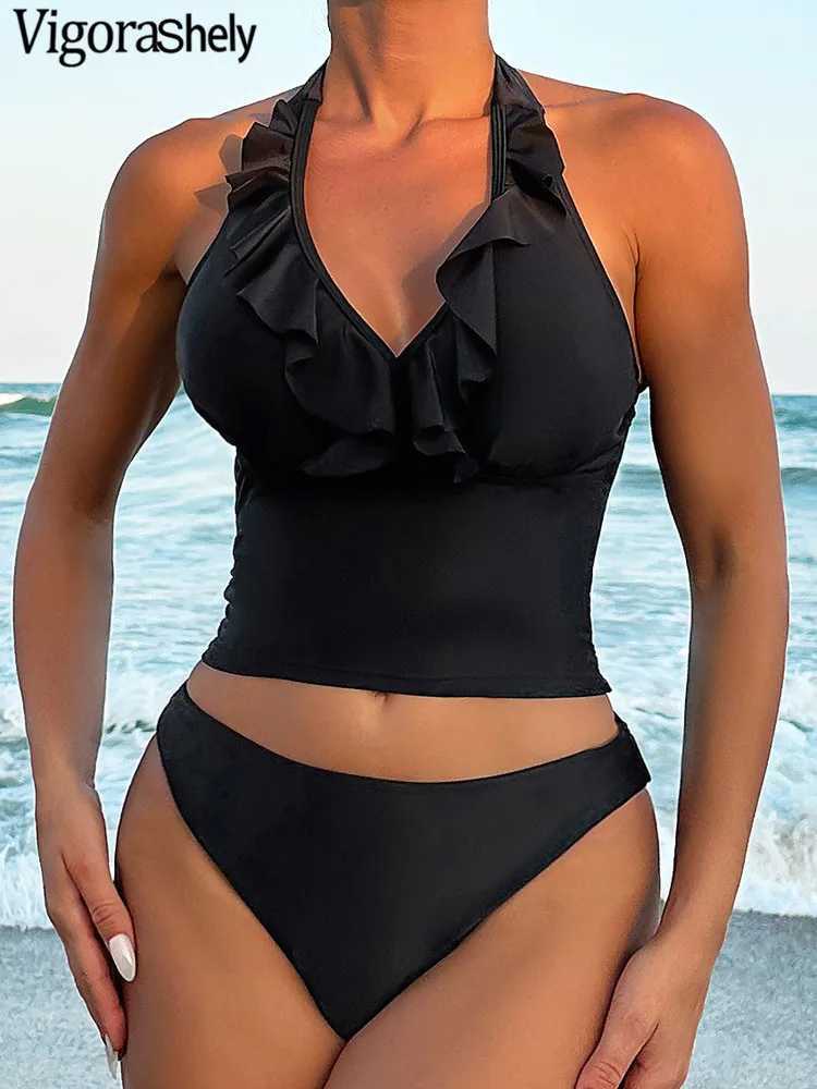 Vigoashely 2025 Sexy Ruffle Halter Bikini Women Solid Push Up Swimsuit Lady Backless Swimwear Backless Summer Beach Bathing SuitXJ250120