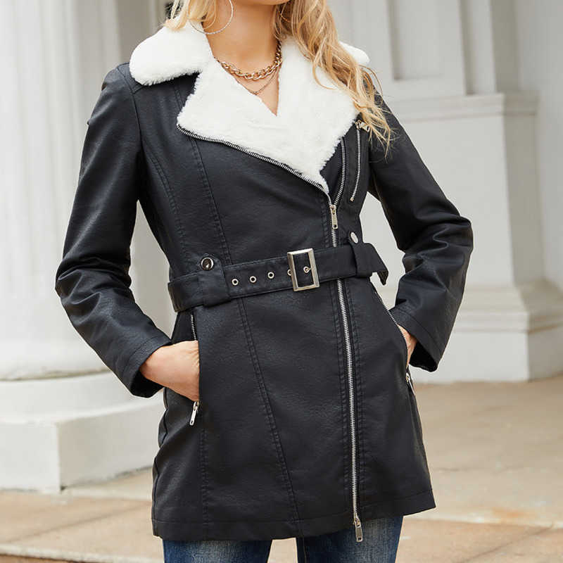 Autumn Winter Long Sleeved Plush Leather Coat Womens Polo Double Head Zipper with Belt Warm Coat Womens Leather Womens Jacket 241209