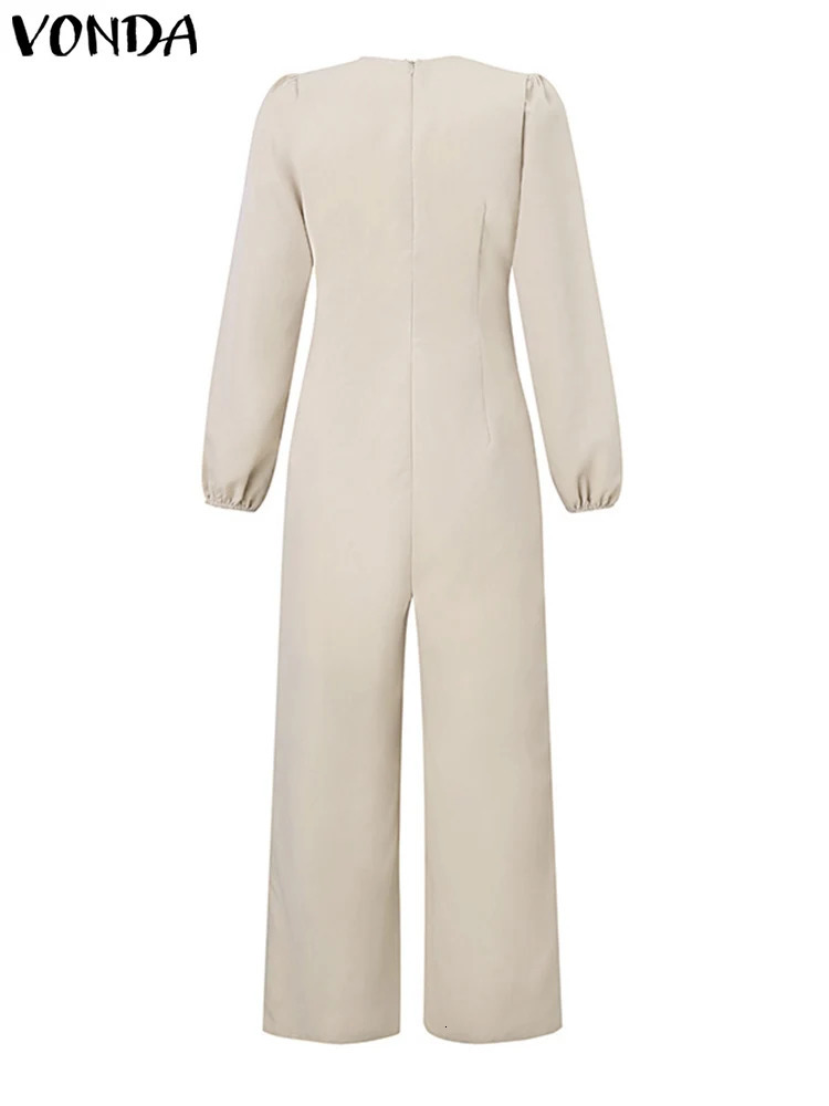 VONDA Women Autumn Romper Fashion Vintage Solid Color Long Sleeve V-neck Wide Leg Jumpsuits Lantern Sleeve High Waist Playsuits 250114