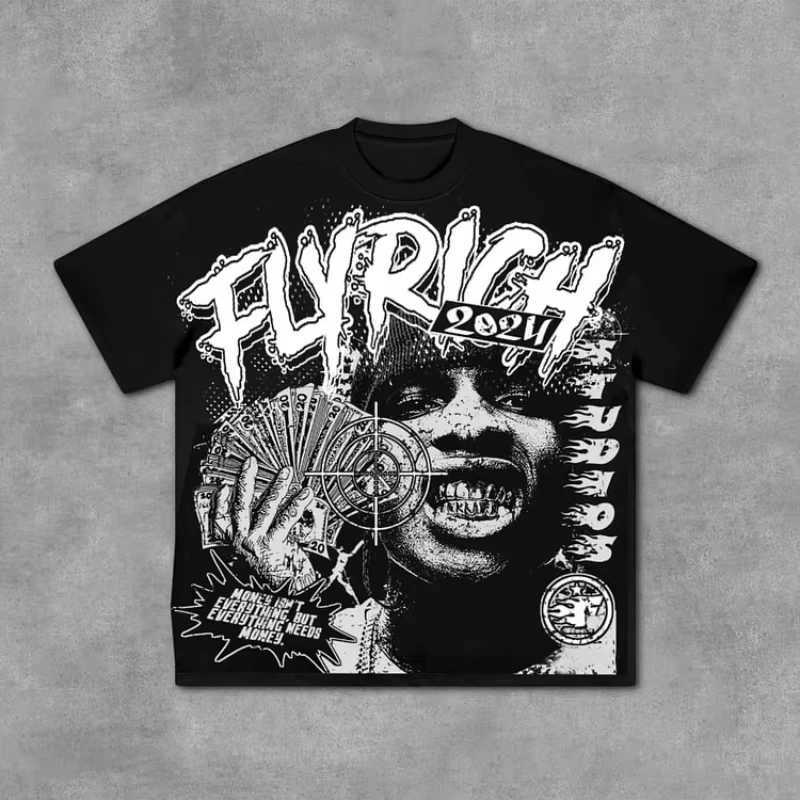 Fly Rich Abstract Human Face Graphic 100% Cotton T-Shirt Men Y2K Summer Short Slves Oversize Tshirt Strtwear Women Tops X250129