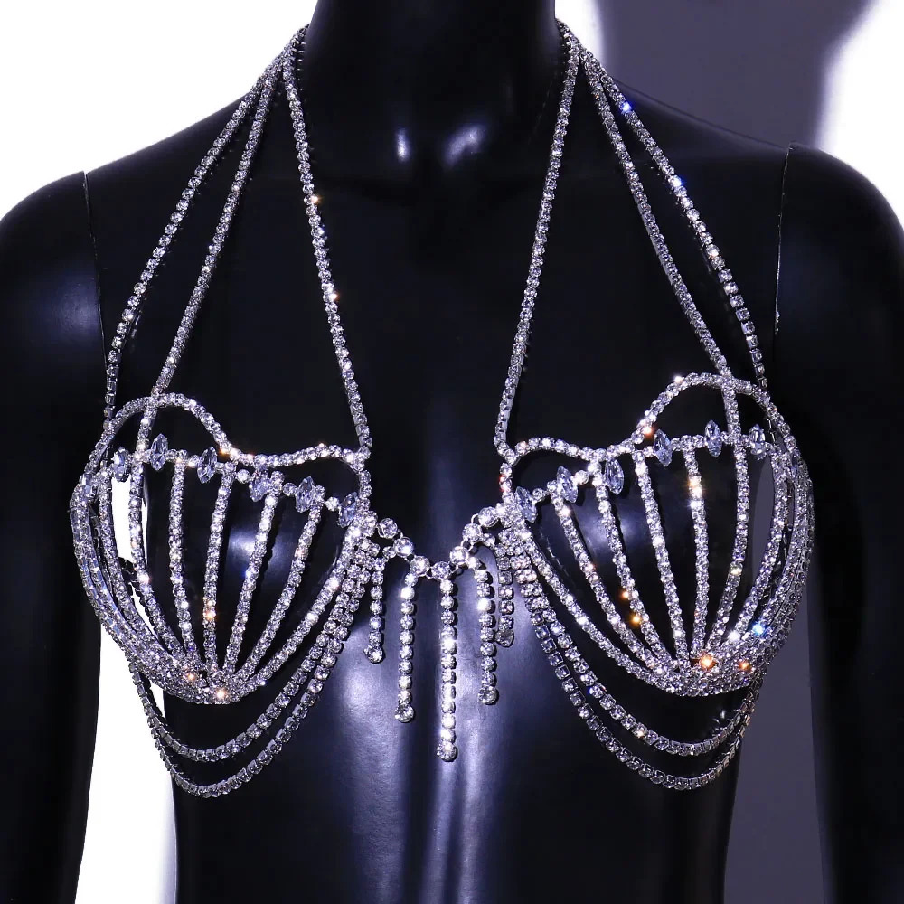 Fashion Bikinis Rhinestone Bra Chain Dress Chest Accessories Nightclub Clothing Festival Crystal Body Jewelry Top for Women 250121
