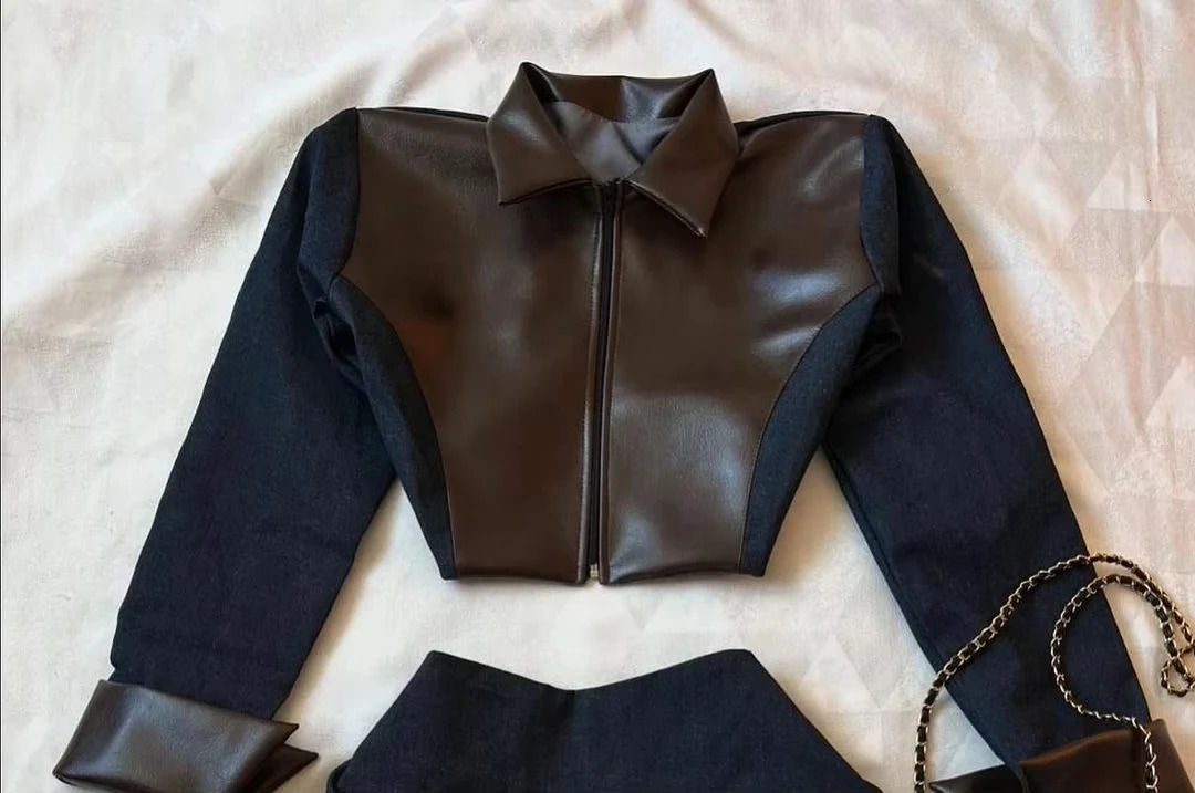 Sexy womens set Gothic fashion leather patch work twopiece clothing girl Harajuku jacket mini 250122