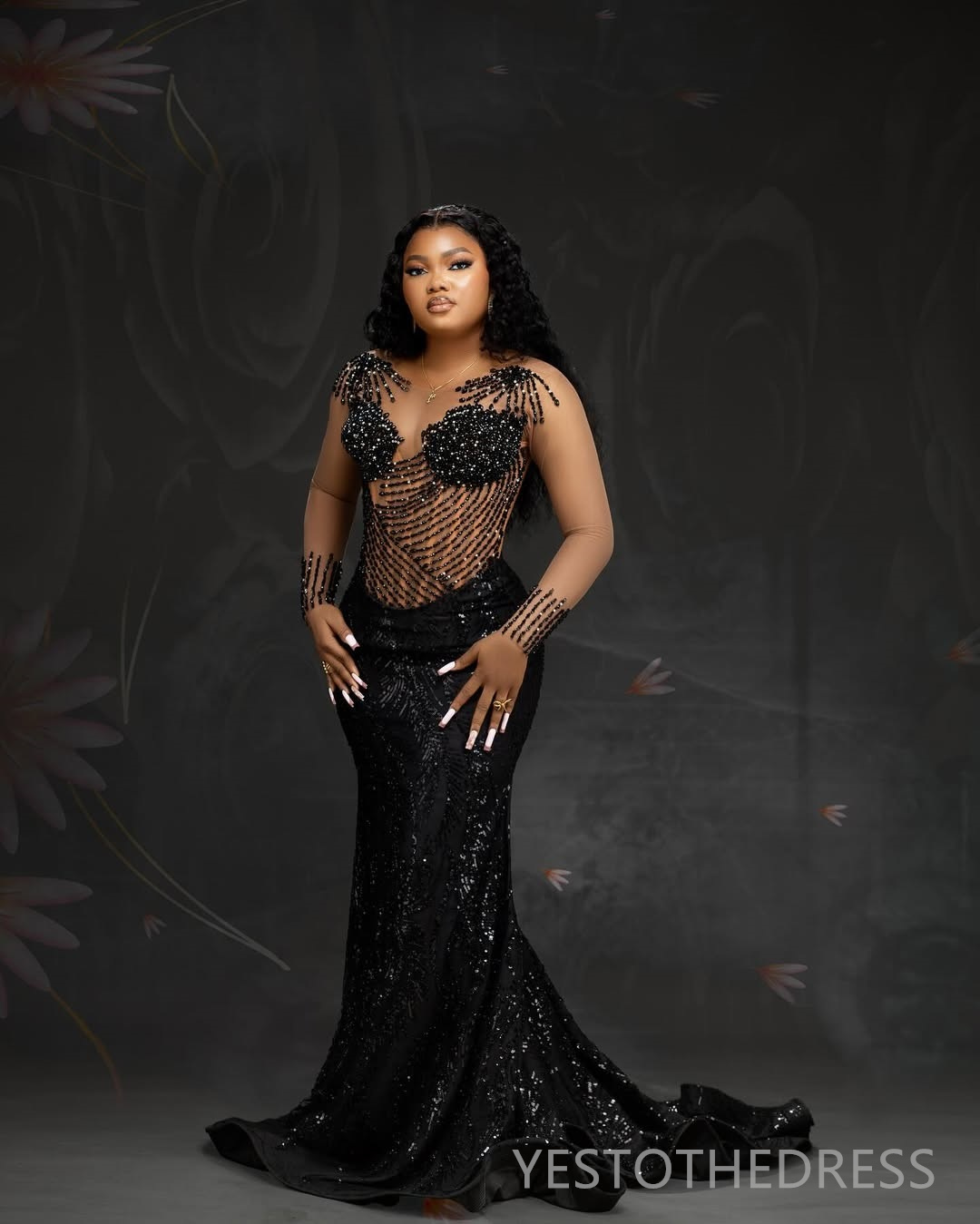2025 Aso Ebi Black Prom Dresses Mermaid Evening Dresses Sheer Neck Long Sleeves Illusion Beaded Beading Tassel Birthday Party Dress Second Reception G