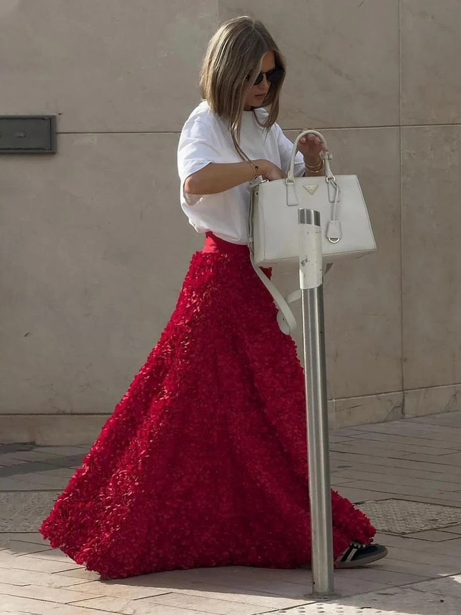 Autumn Flower Petal Long Skirt High Waist Elegant Evening Party Red Maxi Skirt Streetwear Fashion Vintage Faldas Bottom 250118