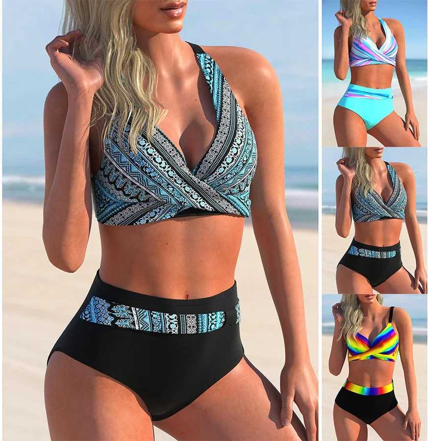 New Womens Bikini Two-piece Swimsuit 3D Blue and Black Wave Print Tank Top Holiday Fashion Beach Outfit S-5XLXJ250120