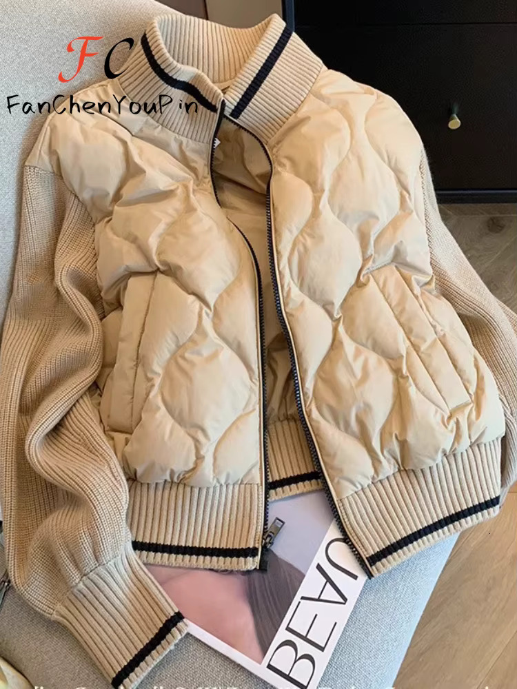Women's Autumn Winter New Fashion Standing Neck Knitted Spliced Jacket Top Elegant Solid Zip Pocket Thickened Cardigan Coat