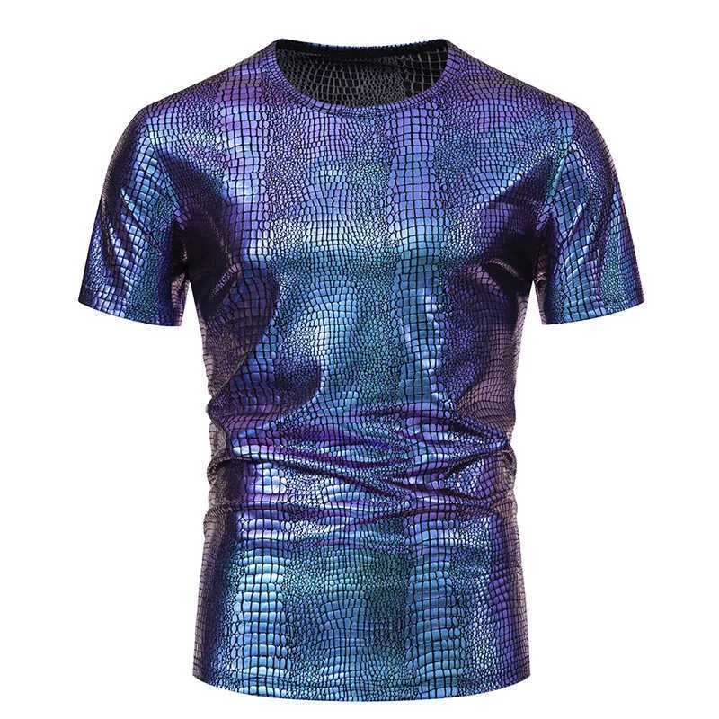 #4102 Gold Silver Black Short SLeeve T Shirt Mesh Streetwear Hip Hop T Shirt O-neck Loose Shinny Surface Thin Tee ShirtXJ250117