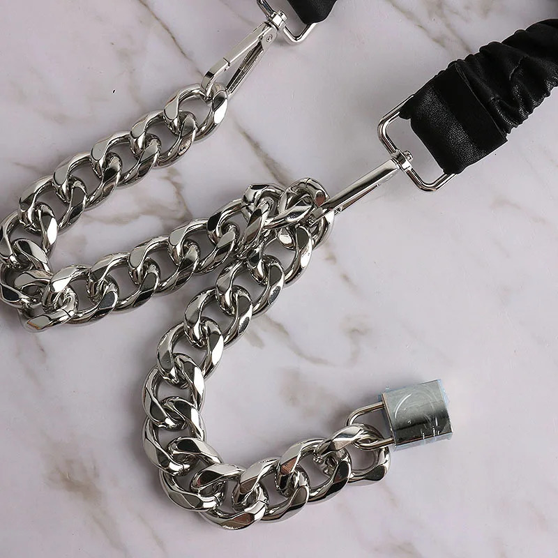 Fashion lock head elastic belt European and American personality metal leather chain splicing waist chain women 250117