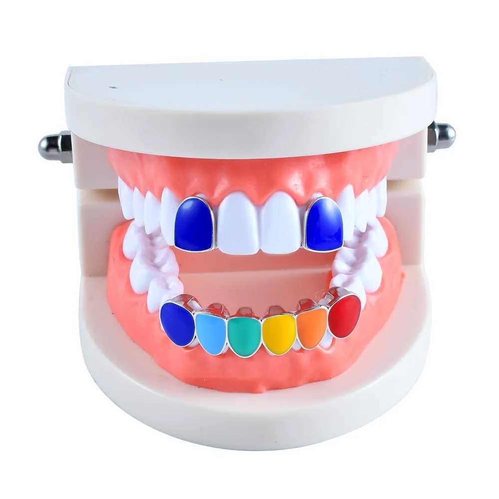 Multi Color Drip Oil CZ Teeth Grillz Caps Cubic Zircon Iced Out MicroTop Bottom Charm Grills For Men Women Jewelry Xmas GiftXJ250114