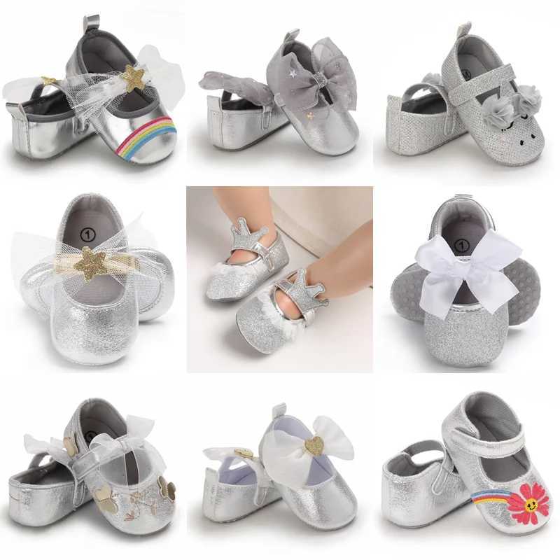 Cute 0-18M spring newborn silver baby shoes with anti slip fabric bottom for girls elegant and breathable casual baby first walking shoes X250129