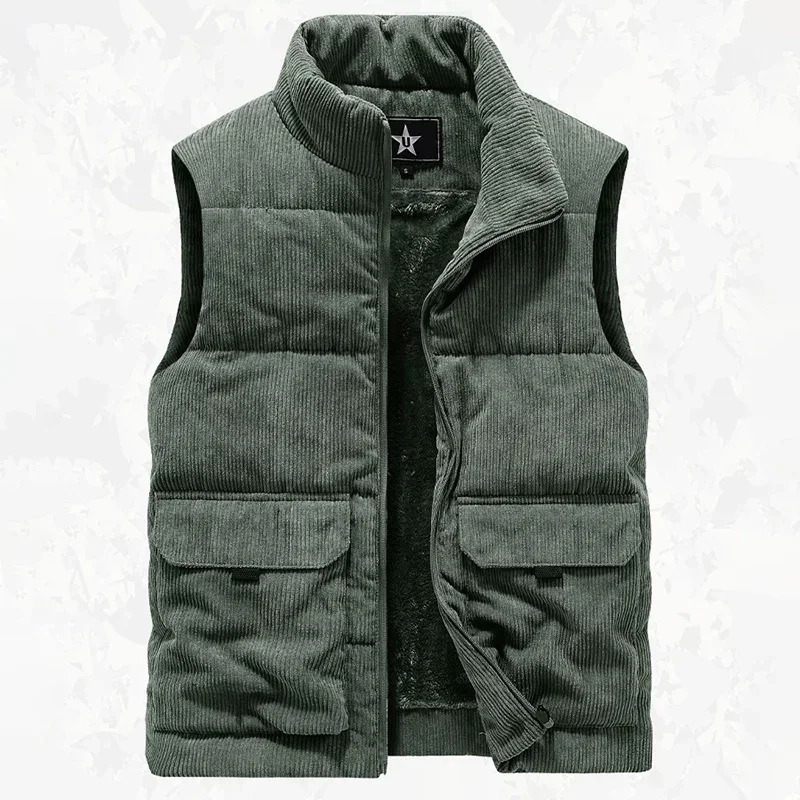 6XL Mens Winter Plussize Corduroy Cargo Sleeveless Jacket Thick Warm Fleece Lining Multipocket Outdoor Hiking Safari Work Vest 250114Z