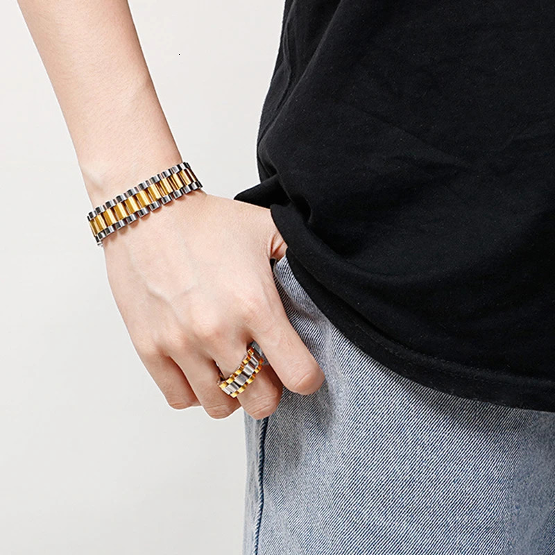 15mm Punk Gold Color Watch Chain Bracelet Ring Men Women Hiphop Stainless Steel Bike Strap Watchband Wristband Bracelets Jewelry 250117