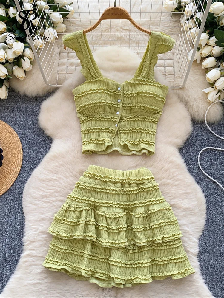 SINGREINY Beachwear sweet Women Suits Strapless Edible Tree Fungus Chic TopsElastic Waist MIni Skirt Vacation Casual Sets 250113