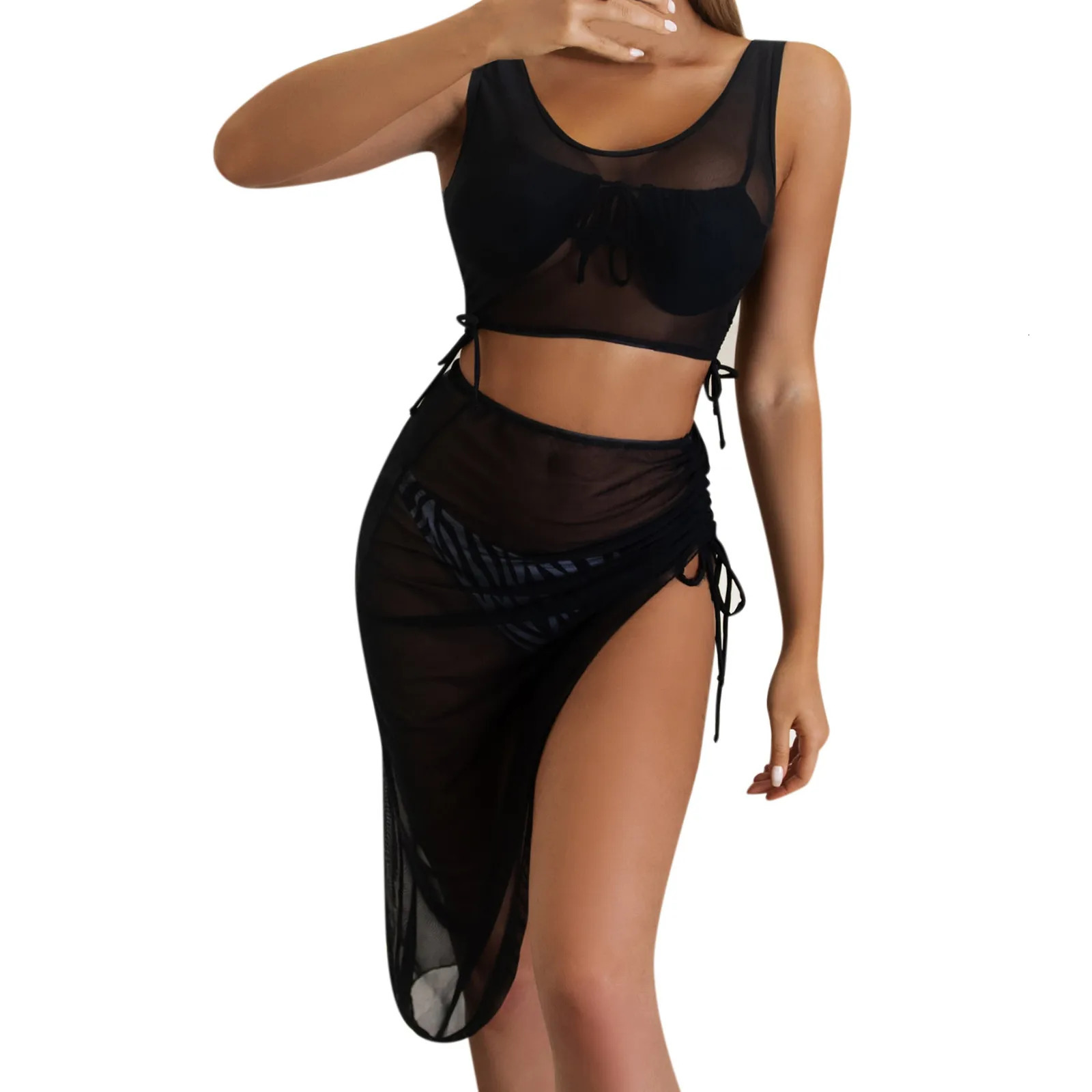 Two Piece Set Women Summer Bikini Cover Up Beach Tank Dress Sexy Sleeveless Mesh Transparent Top Skirt Vacation Wear 250120