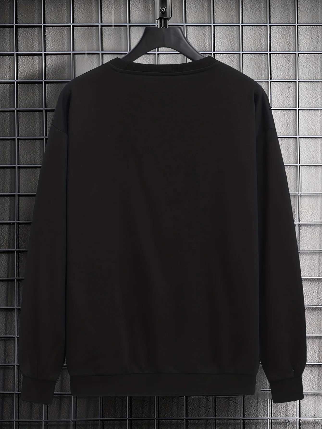 Mens autumn and winter fashionable casual loose plus rose pattern printed fleece pullover round neck long sleeved sweatshirtXJ2500118