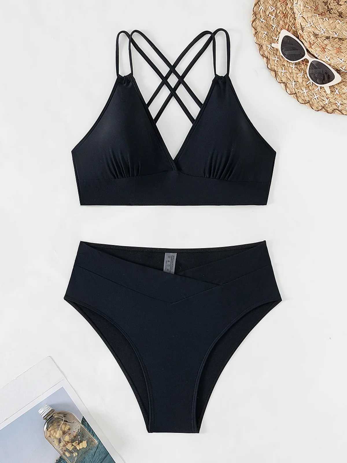 Solid Color Black Two Piece Swimsuit for Women Summer New High Waist Bikini Set Beach Vacation V-neck Backless Swimwear 2024XJ250120