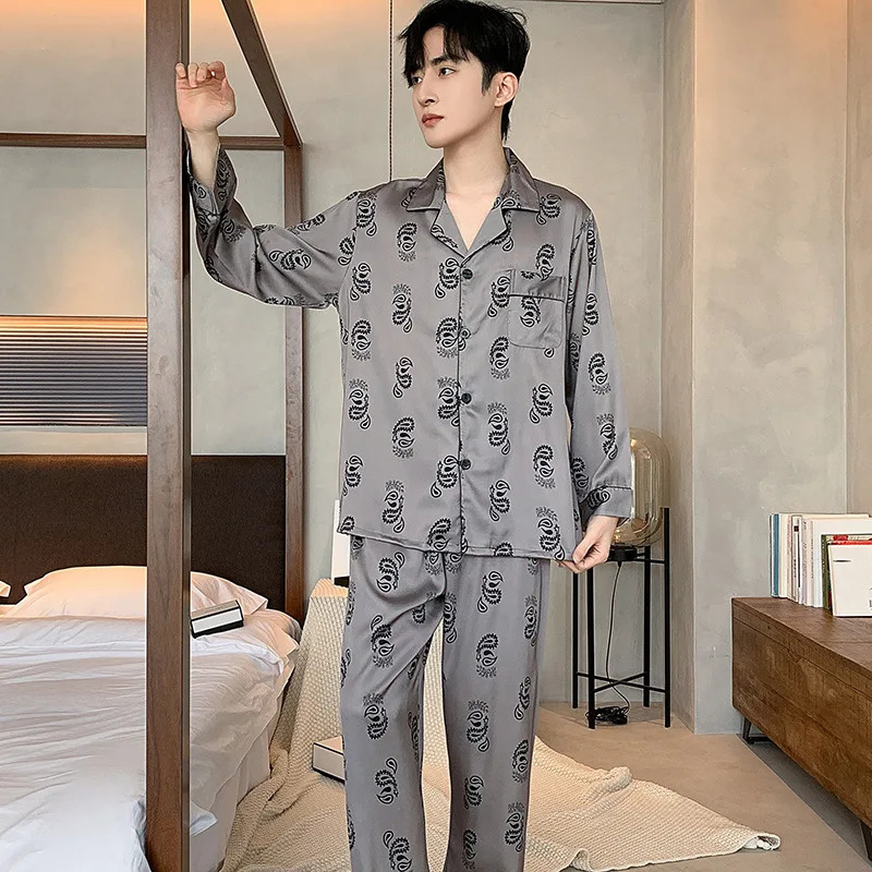 High Quality Satin Pajamas Suit Men Spring Autumn Ice Silk Long Sleeve Sleepwear Set Summer Comfy Classic Nightcloth Male 250122