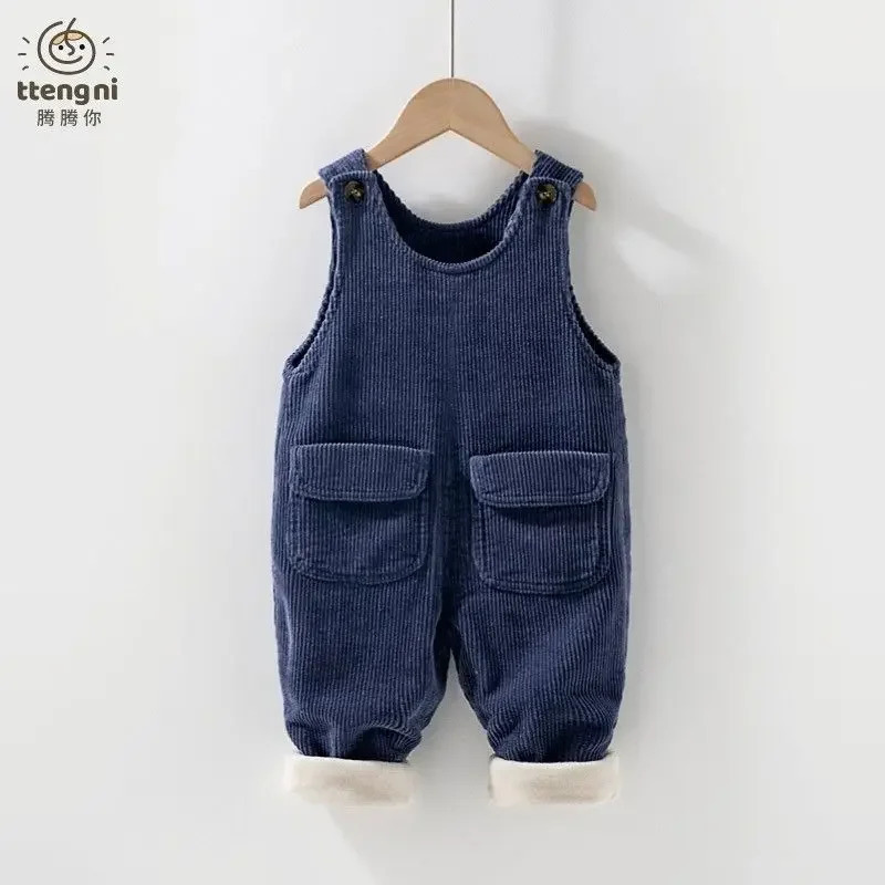 ChildrenS Corduroy Overalls Winter Thickened Plus Velvet Jumpsuits Baby Warm OnePieces Bodysuit Boys Girls Retro Simple Trouse 250117