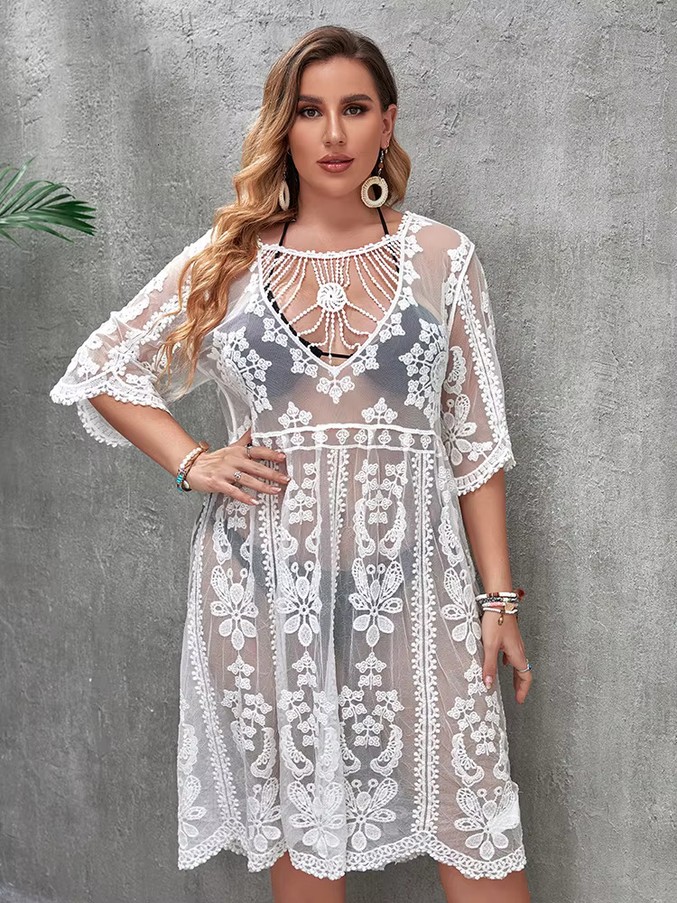 Plus Size Cover Up Tunic Dress Summer Women Beach Wear Boho Swimsuit Ups White Robe Dresses Long Pareo Beachwear